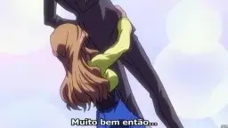 Blonde Anime-Girl kniet mit Tränen in den Augen und wird von einer älteren Figur am Kinn grob festgehalten.